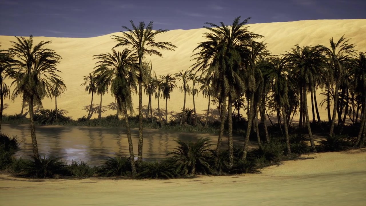 Vibrant oasis surrounded by towering sands in sunny desert landscape