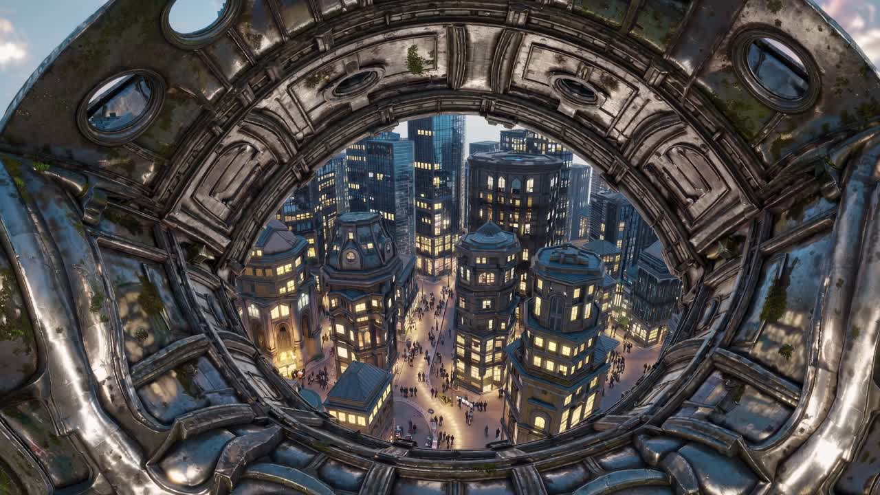 Paesaggio urbano futuristico visto attraverso il finestrino di un veicolo spaziale