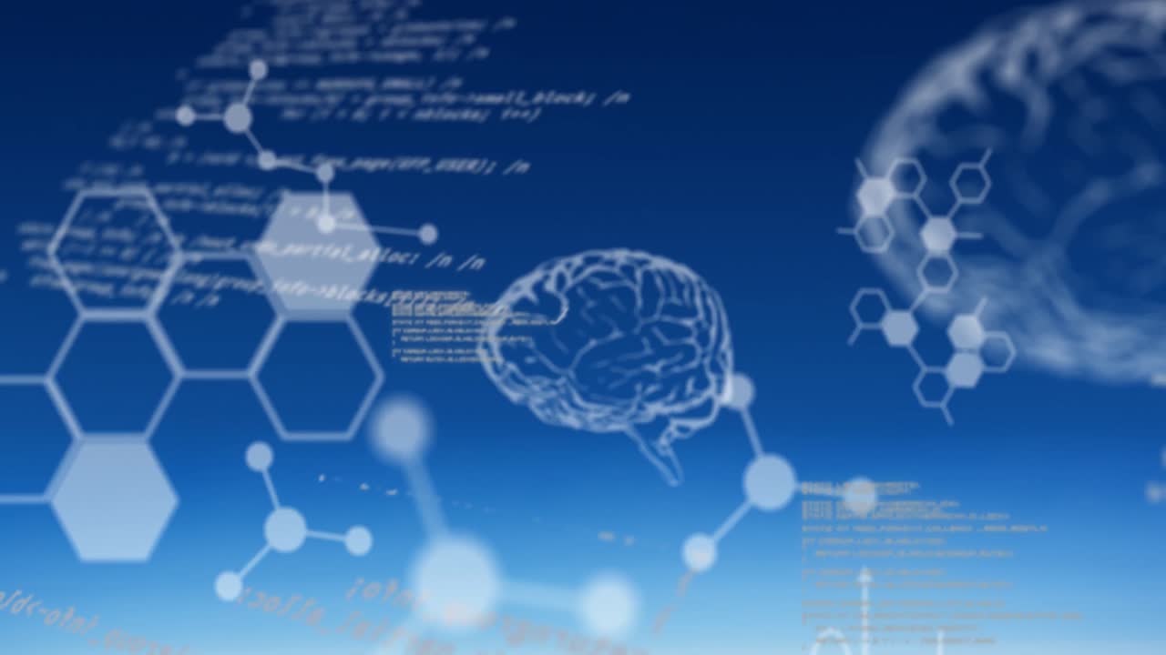 파란색 배경에 데이터 처리 및 화학 아이콘의 애니메이션