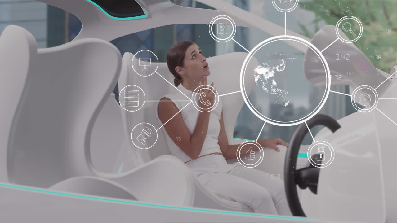 디지털 글로브와 네트워크 아이콘은 미래의 자동차와 기술과 융합되어 도시 드라이브 장면에 있습니다.