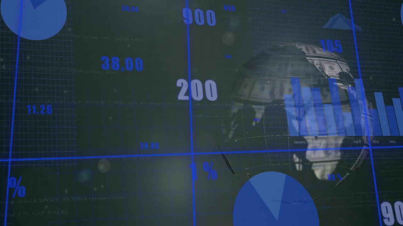 animación del globo formado con billetes de dólares estadounidenses y procesamiento de datos financieros
