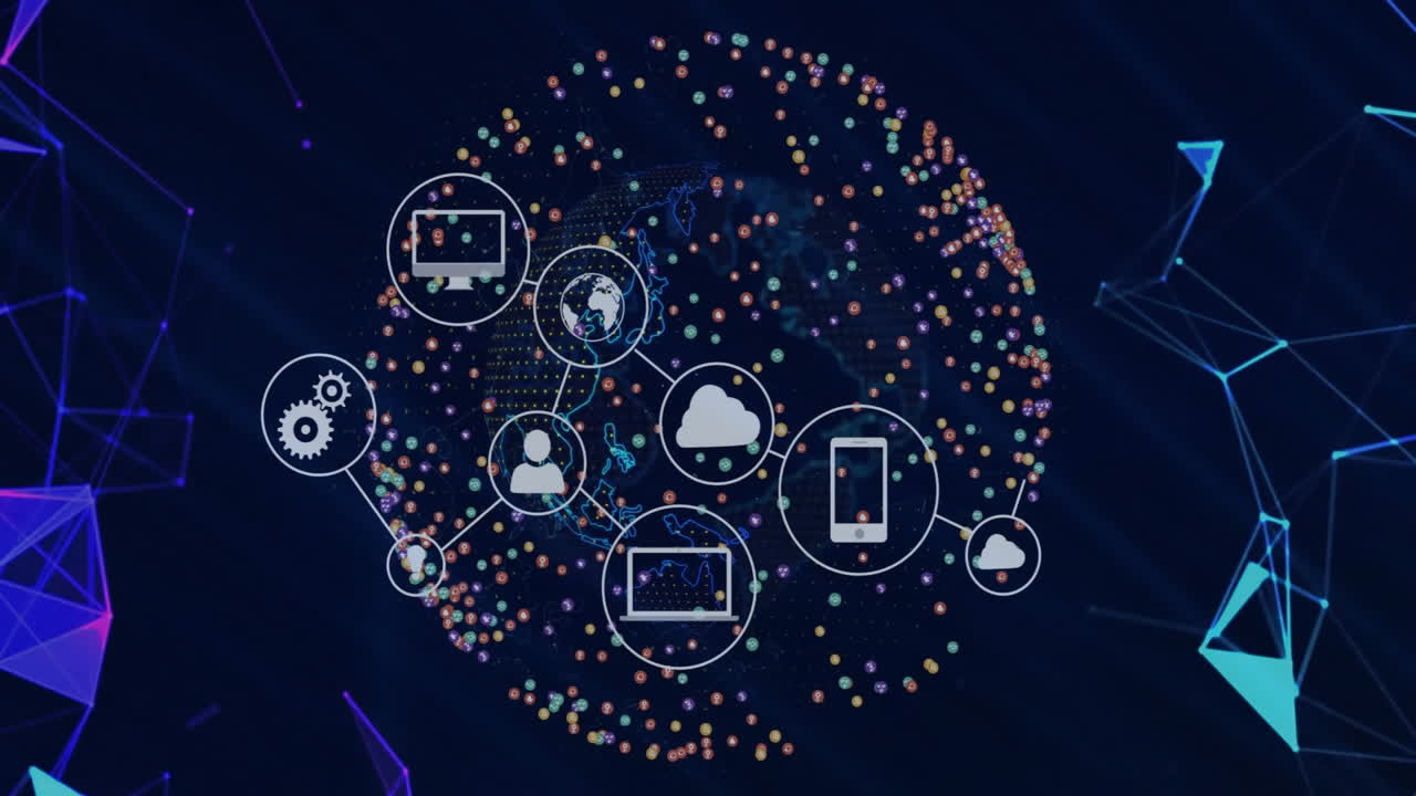 Connected digital network icons over colorful data points on dark background animation
