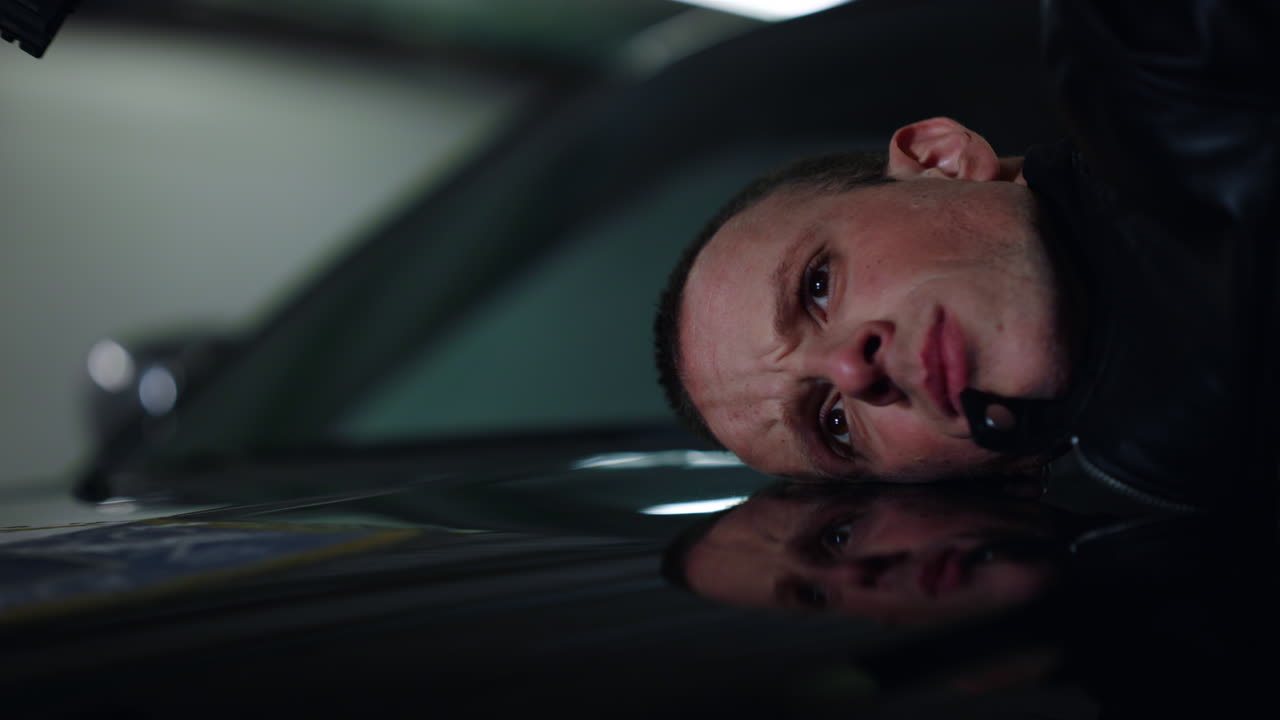 경찰관이 차 트 ⁇ 크에 범죄자의 얼굴을 찍고 슬픈 남자가 경찰에 의해 체포되었습니다.