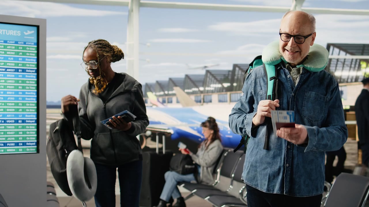 Zelfverzekerde gepensioneerde met reiskussen, in luchthaventerminal, klaar om in te stappen