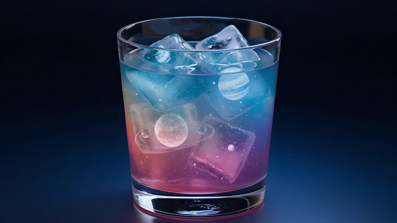 A Captivating Glass of Cosmic-Themed Beverage Featuring Colorful Ice Cubes with Planetary Designs, Creating an Ethereal and Otherworldly Experience