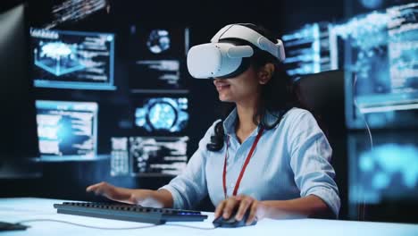 an enthusiastic individual engaged in virtual reality experience, immersed in a dynamic digital environment with advanced interfaces and interactive elements