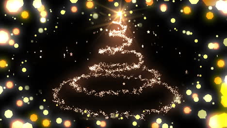 animation of christmas tree and christmas fairy lights flickering over black background