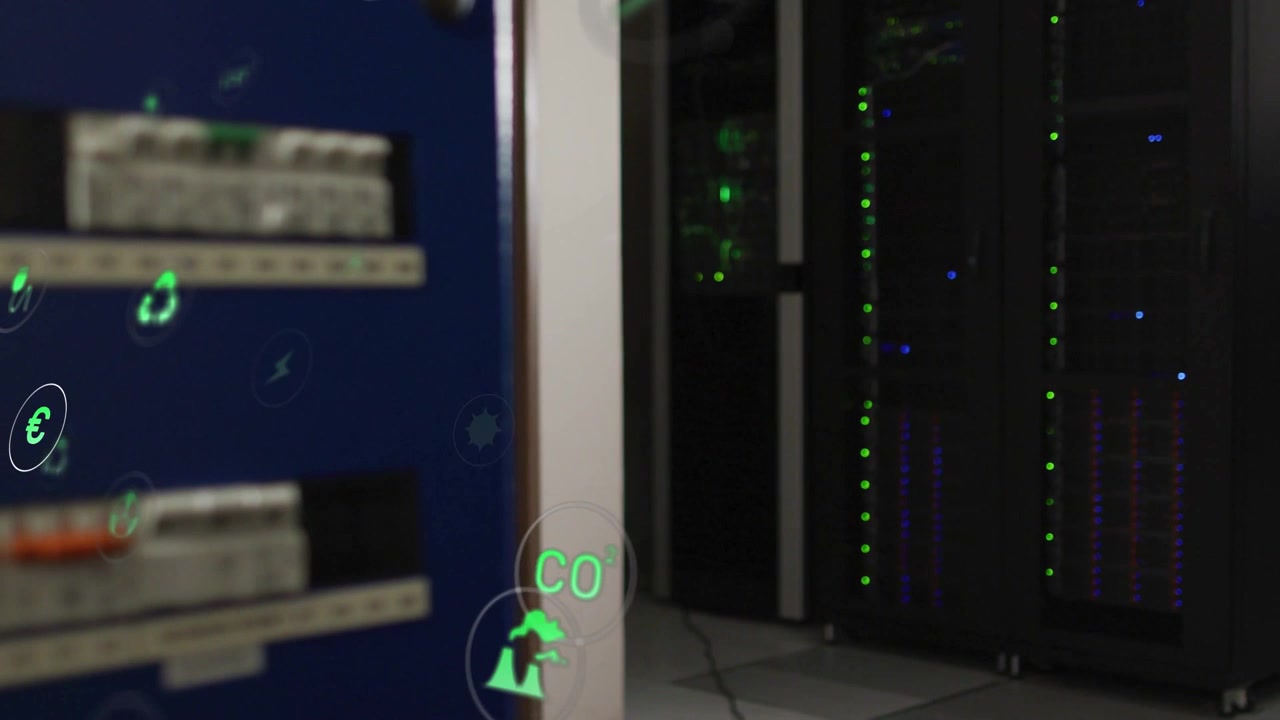 Vertical video: Blue panel emitting green energy icons toward data center racks, mapping power flow