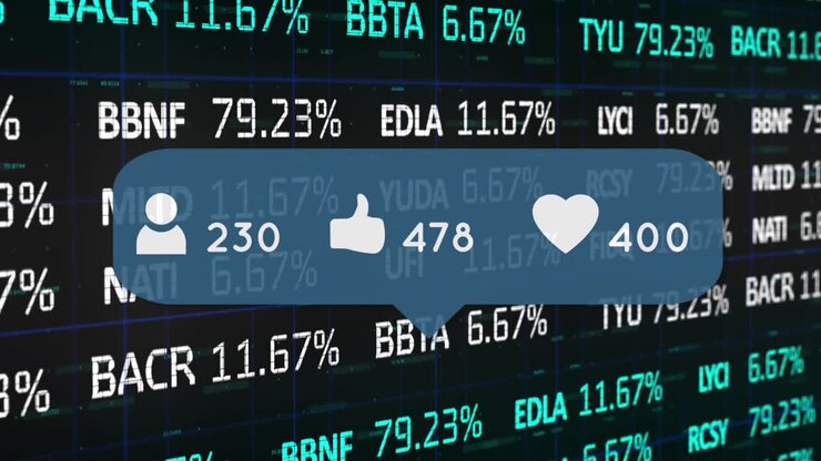 Animation af ikoner for sociale medier og stigende tal, over finansiel databehandling af aktier