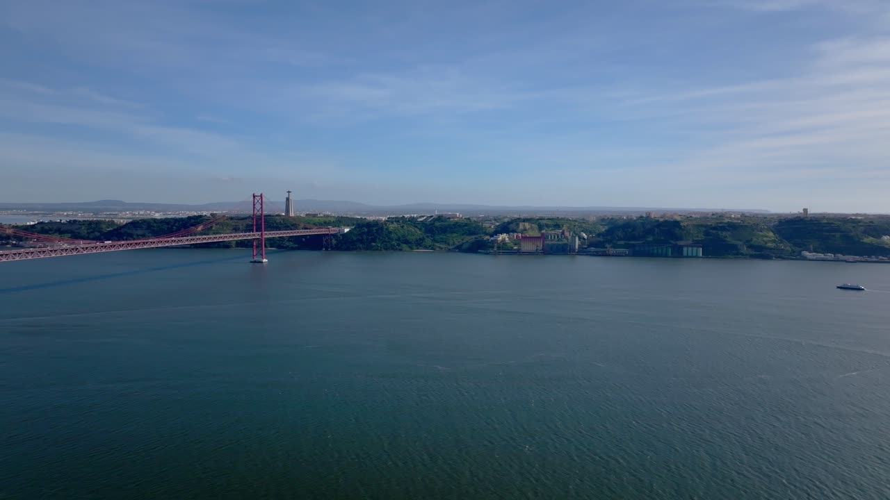 Drone shot of River Tejo and the 25 of April Bridge in Lisbon.