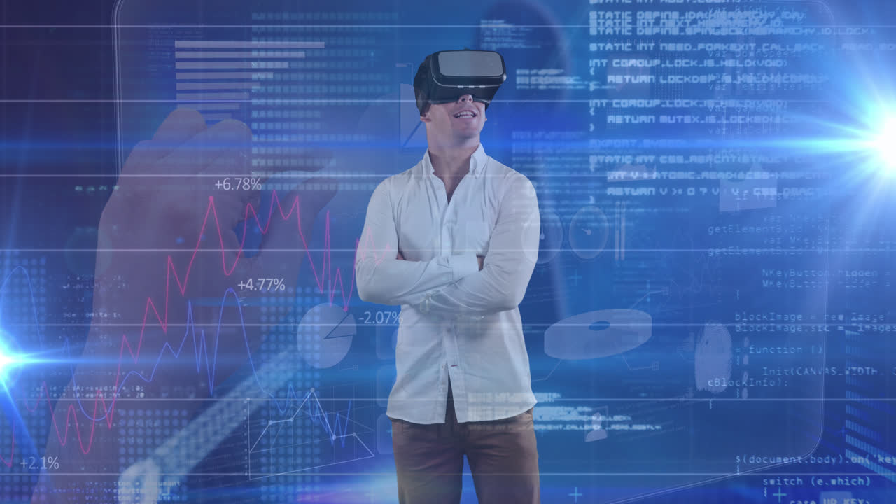 Animation of financial data processing over caucasian businessman using vr headset