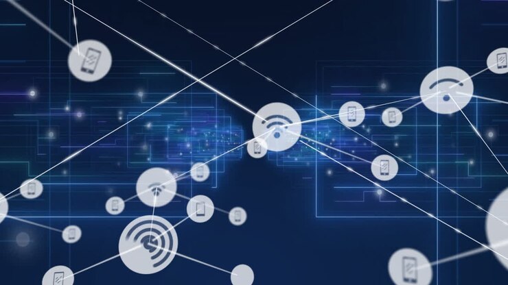 Network of connections and data processing animation over digital interface