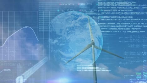 Animation-of-financial-data-processing-and-globe-over-wind-turbine