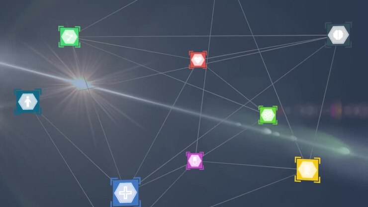 Red de iconos digitales sobre punto de luz y destello de lente sobre fondo azul