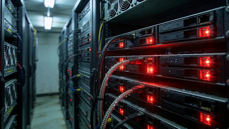 Camera panning right rack in data center, inspecting braided cables and pulsing red LEDs