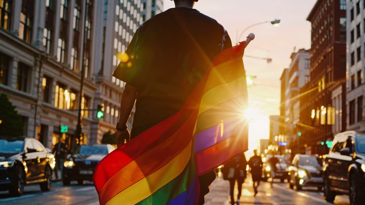 A video captures a person holding a rainbow flag, walking down a city street at sunset