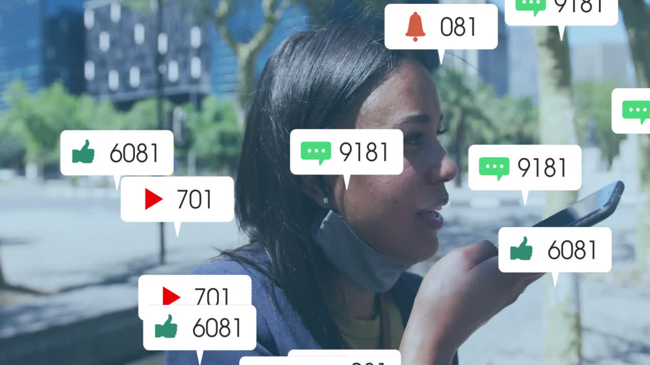 Using smartphone, woman outdoors receiving social media notifications in animation