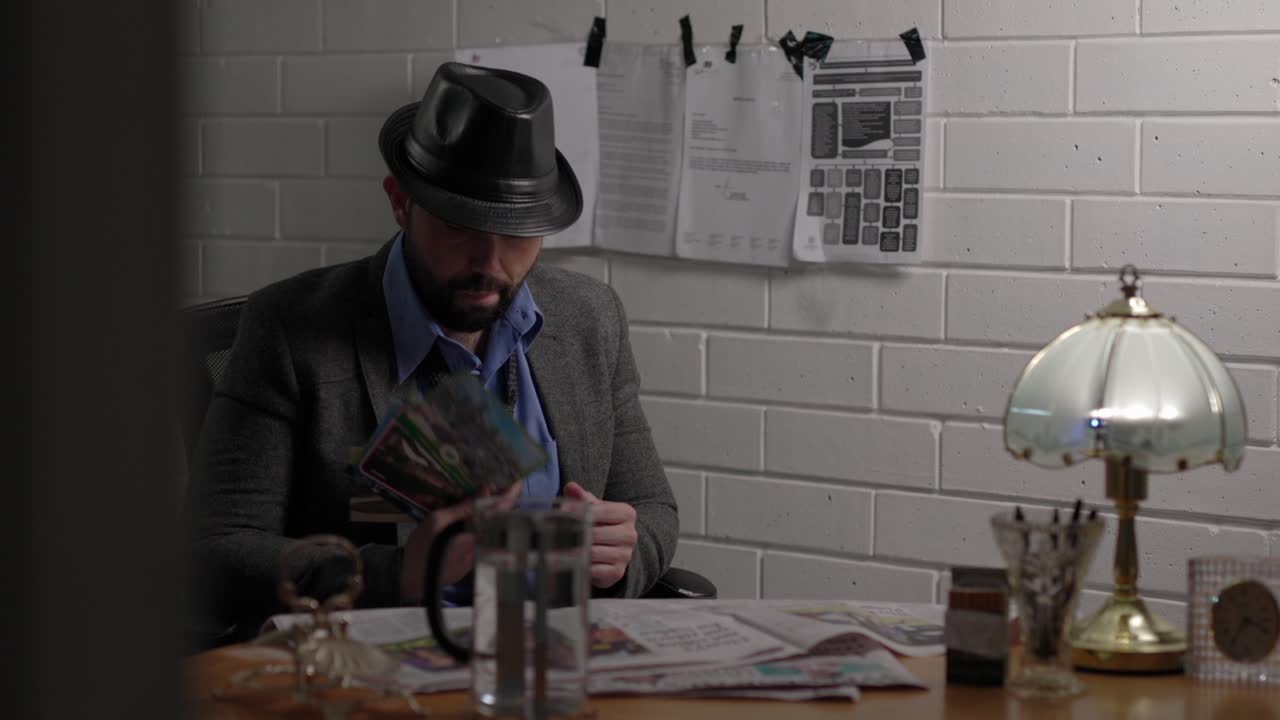 Man Police Detective In Jacket And Hat Sitting At Station Desk Looking At Papers Documents