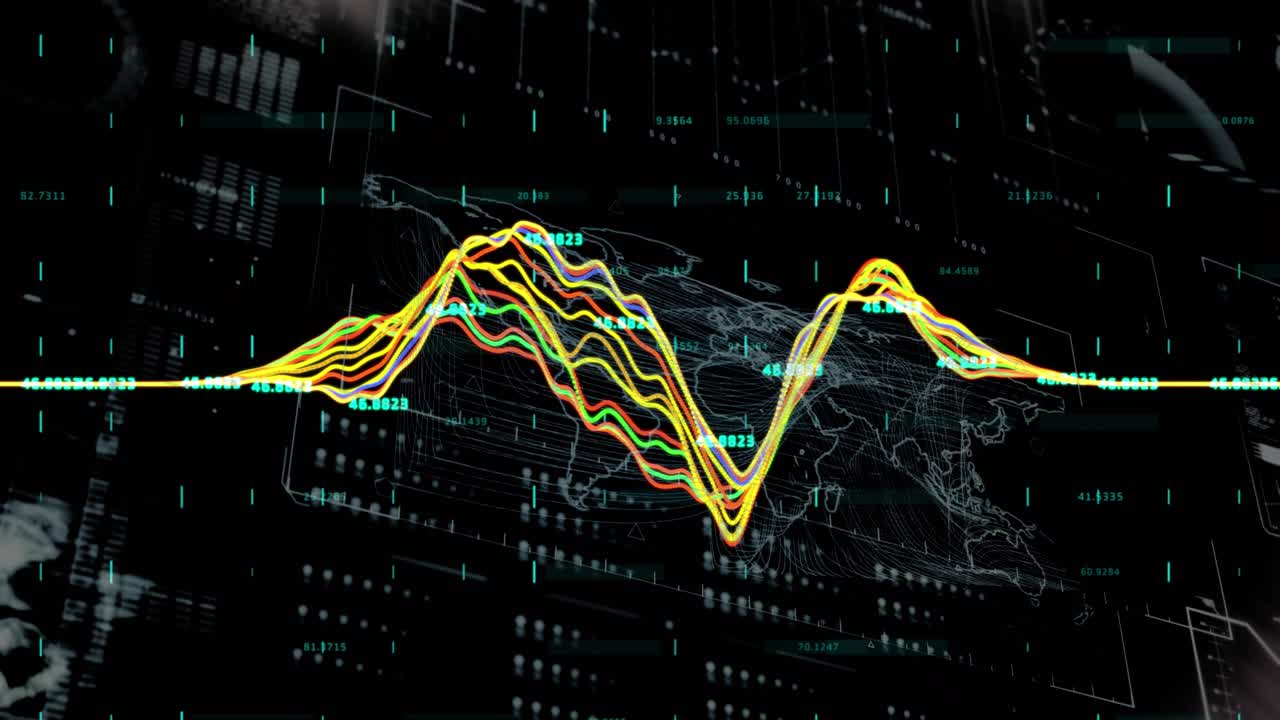 Animation of multicolored graphs, bars and abstract pattern over black background