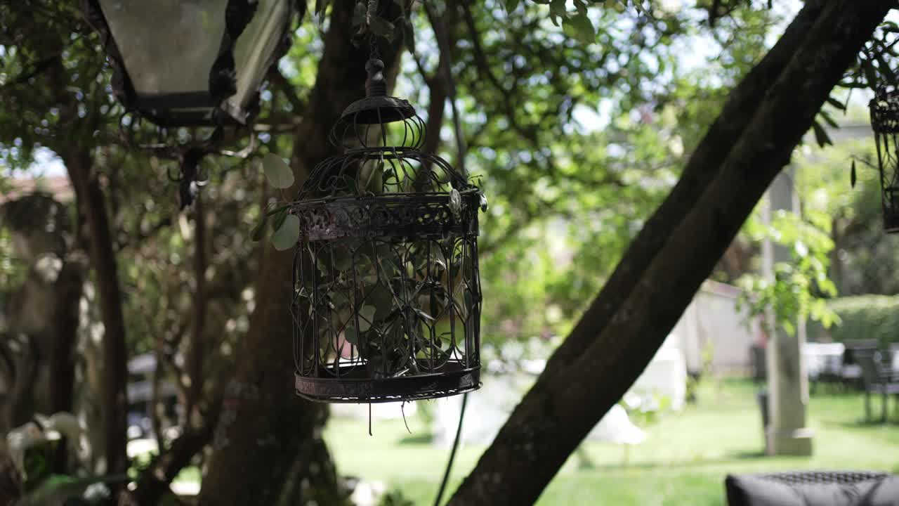 이 많은 정원에서 나무 가지에서 매달린 화려한 새집