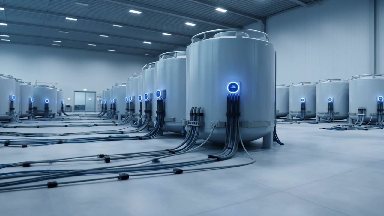 Rows of Industrial Storage Tanks in a Modern High-Tech Facility