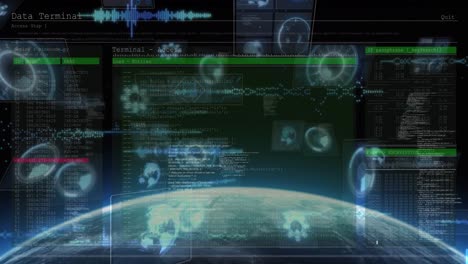 Animación-De-Alcances-Escaneando-En-Pantallas-Con-Procesamiento-De-Datos-Sobre-El-Planeta-Tierra.