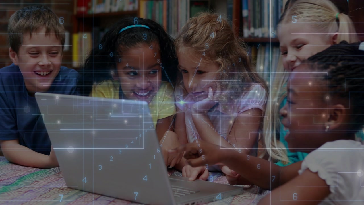 Six kids leaning over laptop in library, right child pressing key causing data overlay, learning