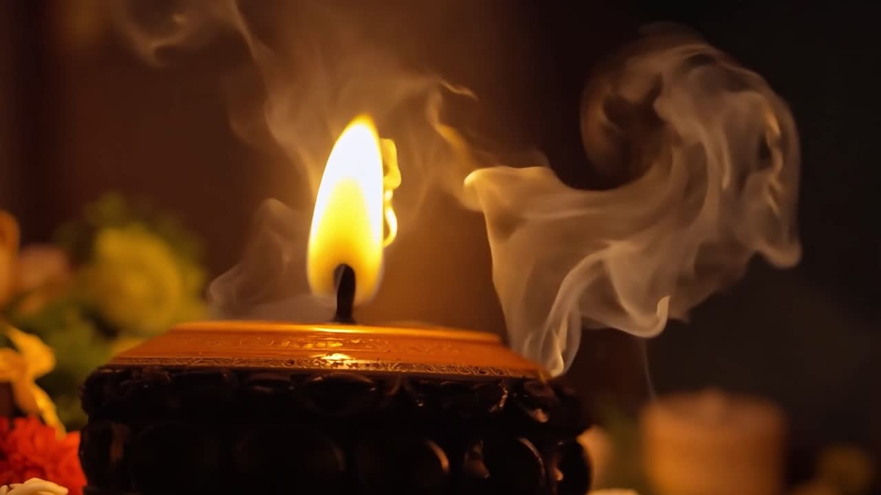 반이는 불 불꽃은 섬세한 연기를 생성합니다, 활기찬 꽃의 배경에 설정. 장면은 따뜻함, 편안함, 그리고 평화의 느낌을 불러일으니다, 명상과 휴식을 위해 완벽합니다.