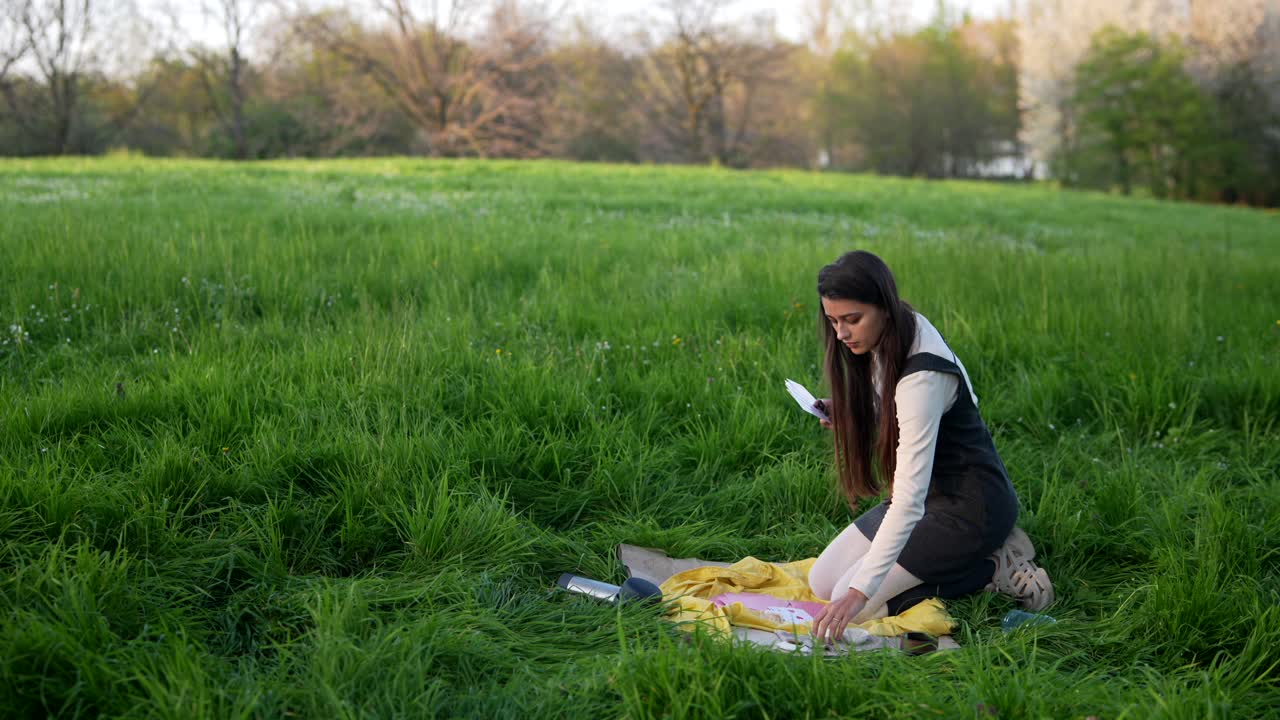 Two young people playing cards in a park