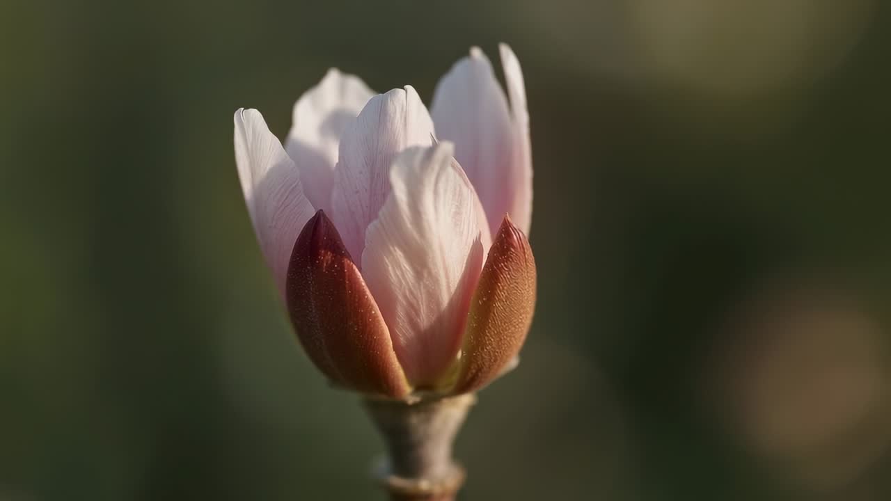 Unfolding single flower bud opening to bloom across five frames in garden, showing brown sepals