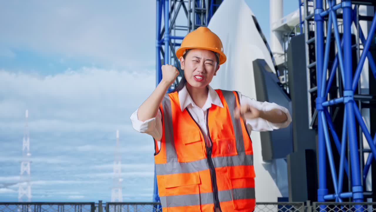 우주 발사 시설에서 흥분한 여성 엔지니어