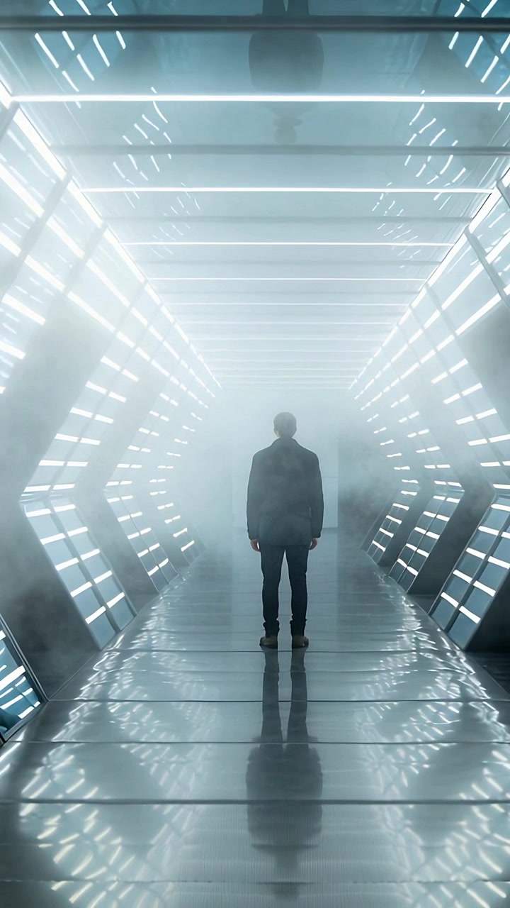 Video verticale: Uomo in piedi con giacca scura che rimane immobile in un tunnel LED, con la nebbia che si addensa per la ripresa.