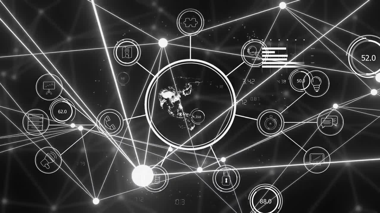 Animation of statistics, globe with network of connections