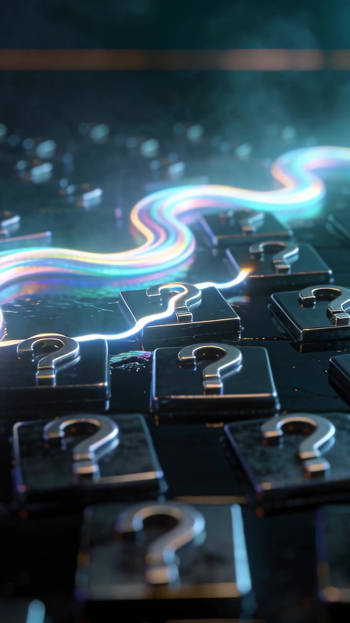 Vertical video: Entering left, neon ribbon lighting question-mark tiles on board, sparking gleams
