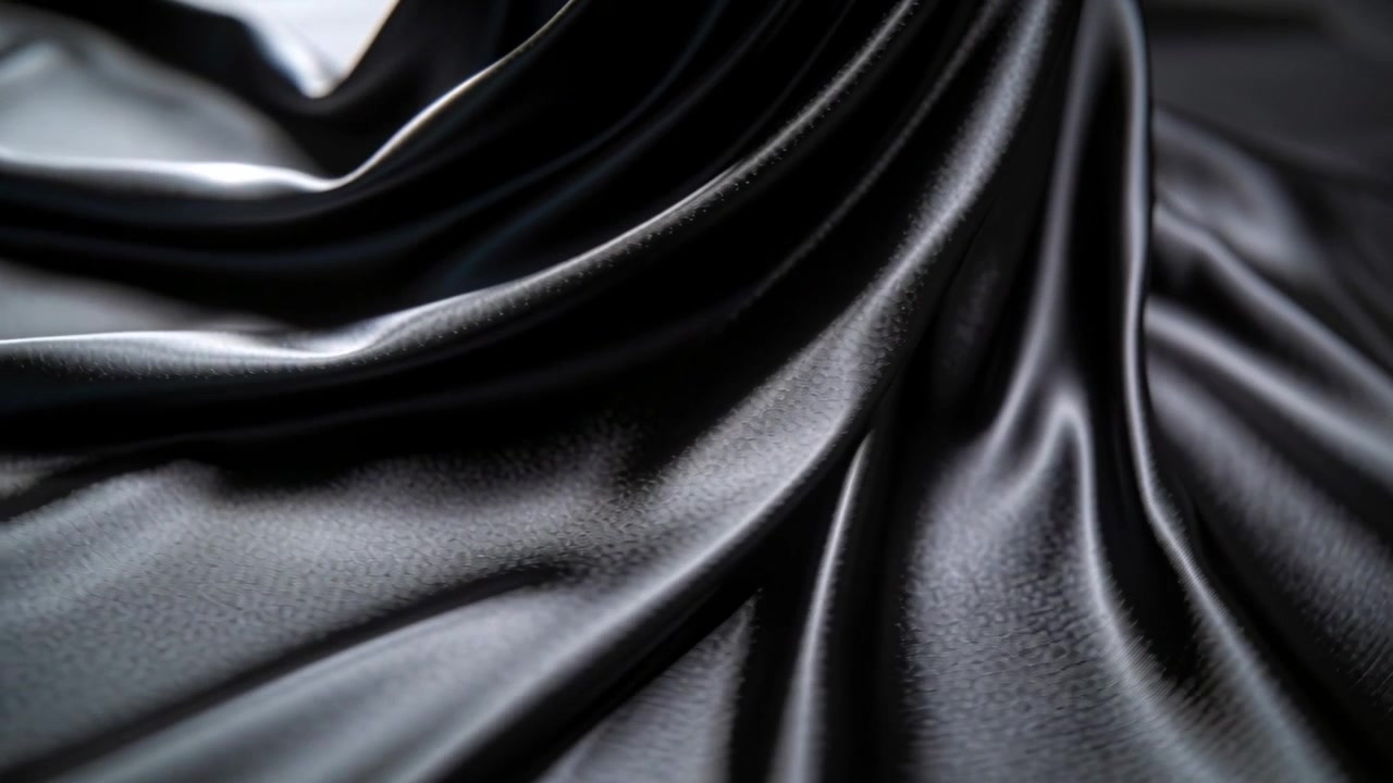 Shifting black satin drape rippling on tabletop studio setup, gentle air nudging highlights