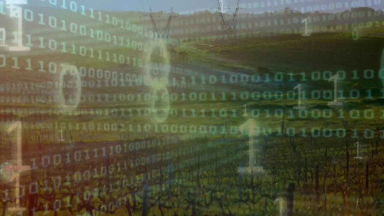 animazione di codifica binaria sul paesaggio con piloni elettrici
