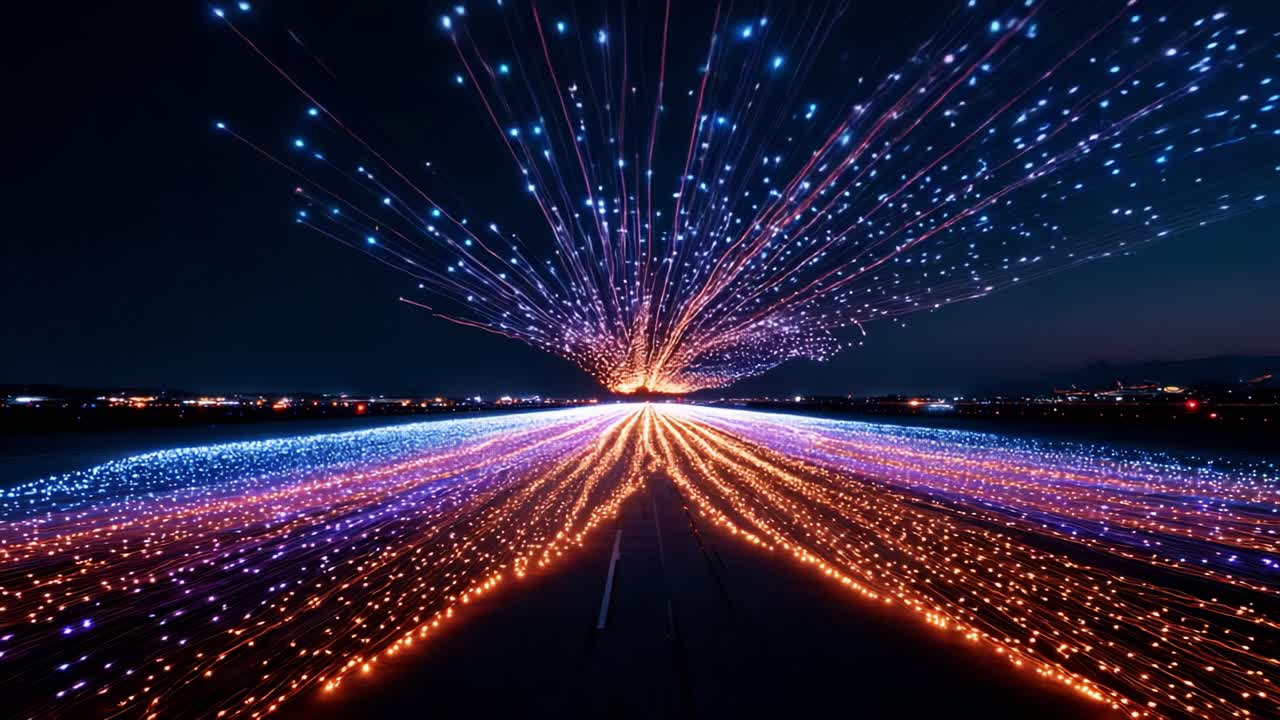 A mesmerizing visual symphony of light trails bursting outward in vibrant colors across a dark night sky, showcasing an array of brilliant lights converging in a stunning display