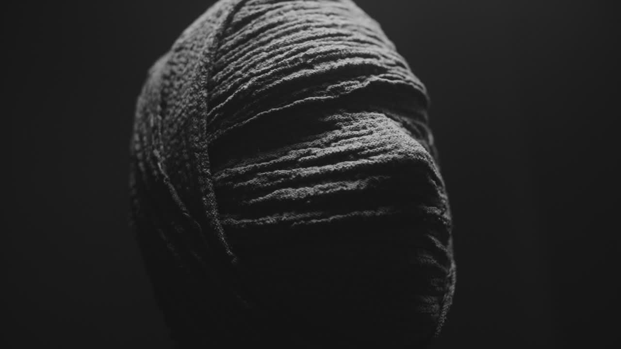 A mummy of a woman on a dark backdrop rises  and then turns her head