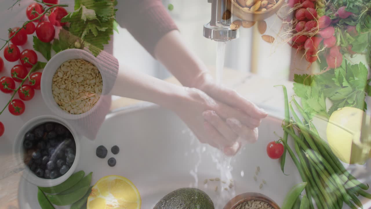 Woman's hands twisting faucet, lathering soap, rinsing water for health with food icons