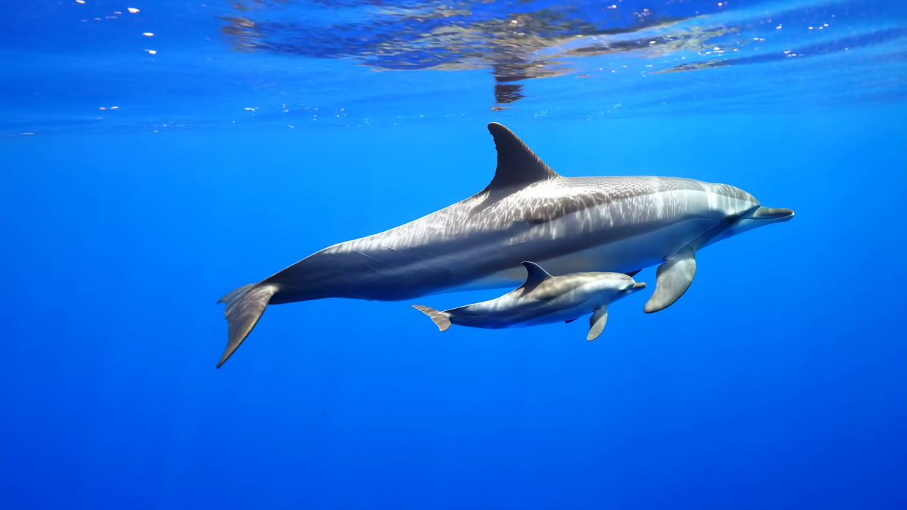 Underwater Dolphin Mother And Calf Swimming In Clear Blue Water, Sunlight Ripples Create Shimmering Patterns