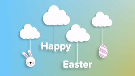 animation of easter text with hanging clouds, bunny, and egg on colorful background