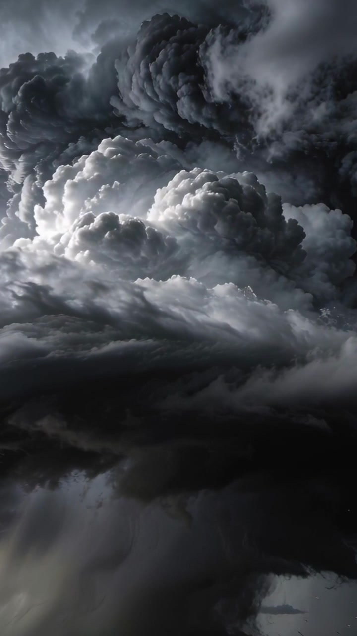 Vertical video: Growing towering cloud mass curling and lowering in open sky, updrafts fueling rain