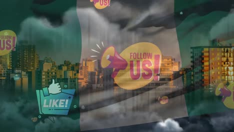 Animation-of-flag-of-nigeria-blowing-over-cityscape-and-text-follow-us-and-like,-online-messages