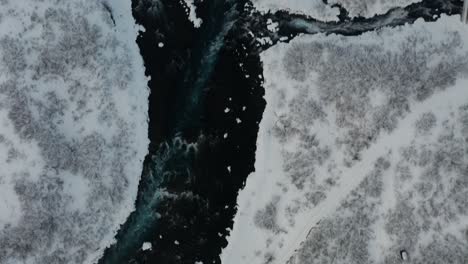 a beautiful head-down shot of the river covered in ice around it in iceland