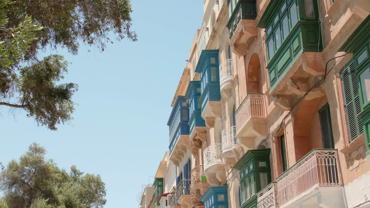 Typical Maltese Bow Windows Of Buildings In Valletta, Malta