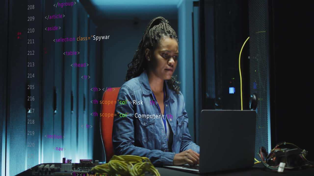In office, woman working on laptop with animation of digital code overlay