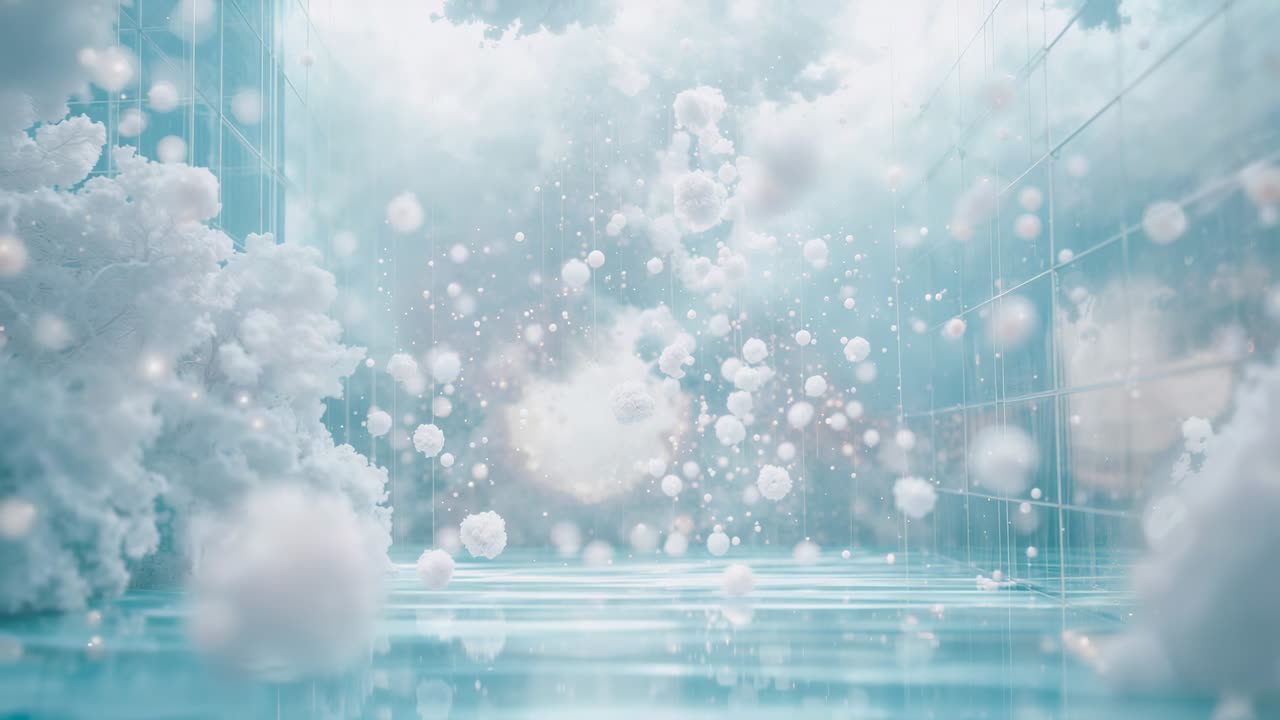 Drifting particle mass and left mass emitting spheres from glow burst in blue chamber, mirror floor