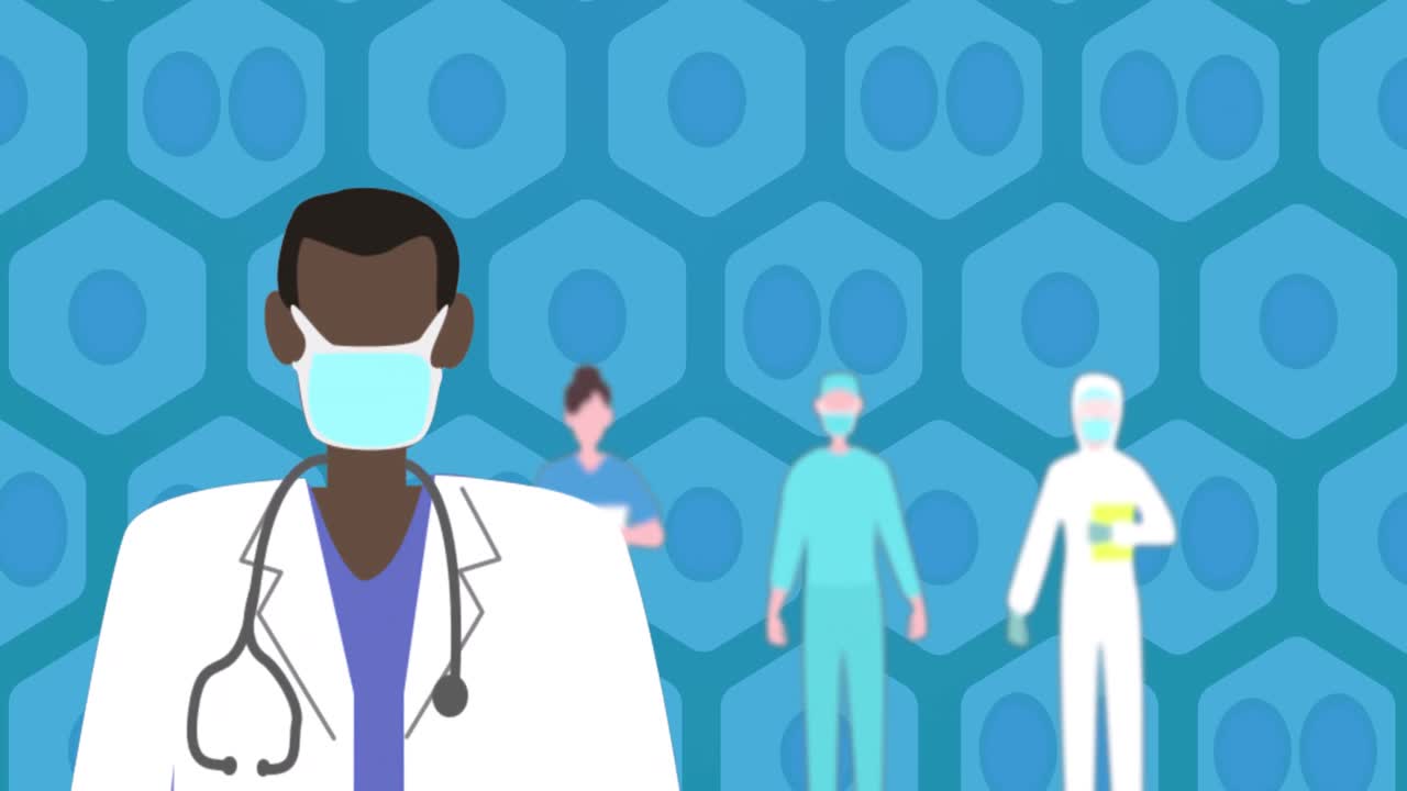 Animation of afrcian american male doctor in face mask over green cells on navy background