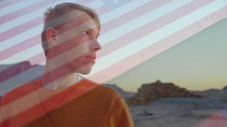 Animation of happy caucasian man over flag of usa