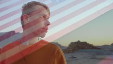 animación de un hombre caucásico feliz sobre la bandera de los estados unidos